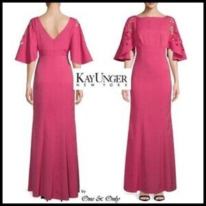 Kay Unger Women's Berry Pink Boat Neck Laser Cut Sleeves Maxi Dress Sz 12 NWT